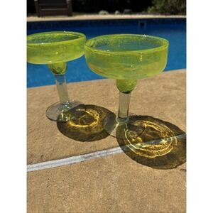 Set of 2 Mexican‎ Hand Blown Glass Yellow Margarita Glasses Heavy Beach Pool